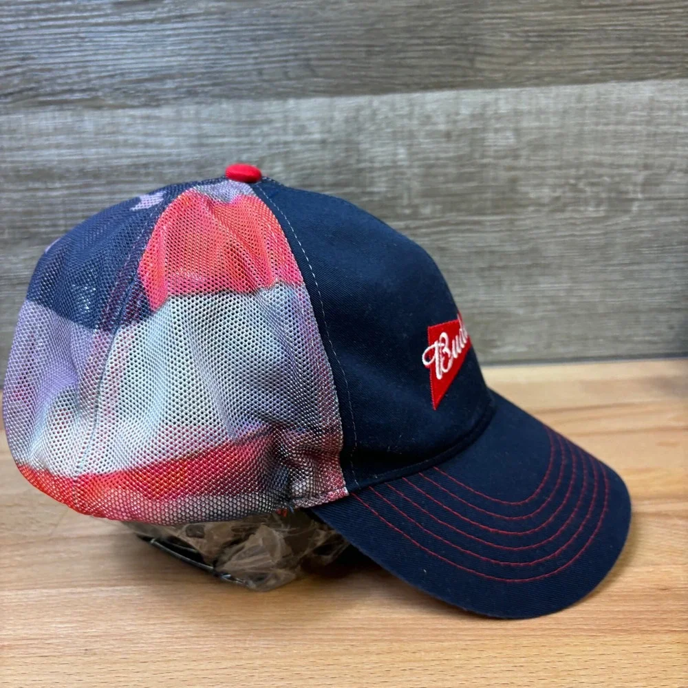 Budweiser Hat‎ Cap Strap Back Blue Beer Bud Drinking USA Flag Black K Products